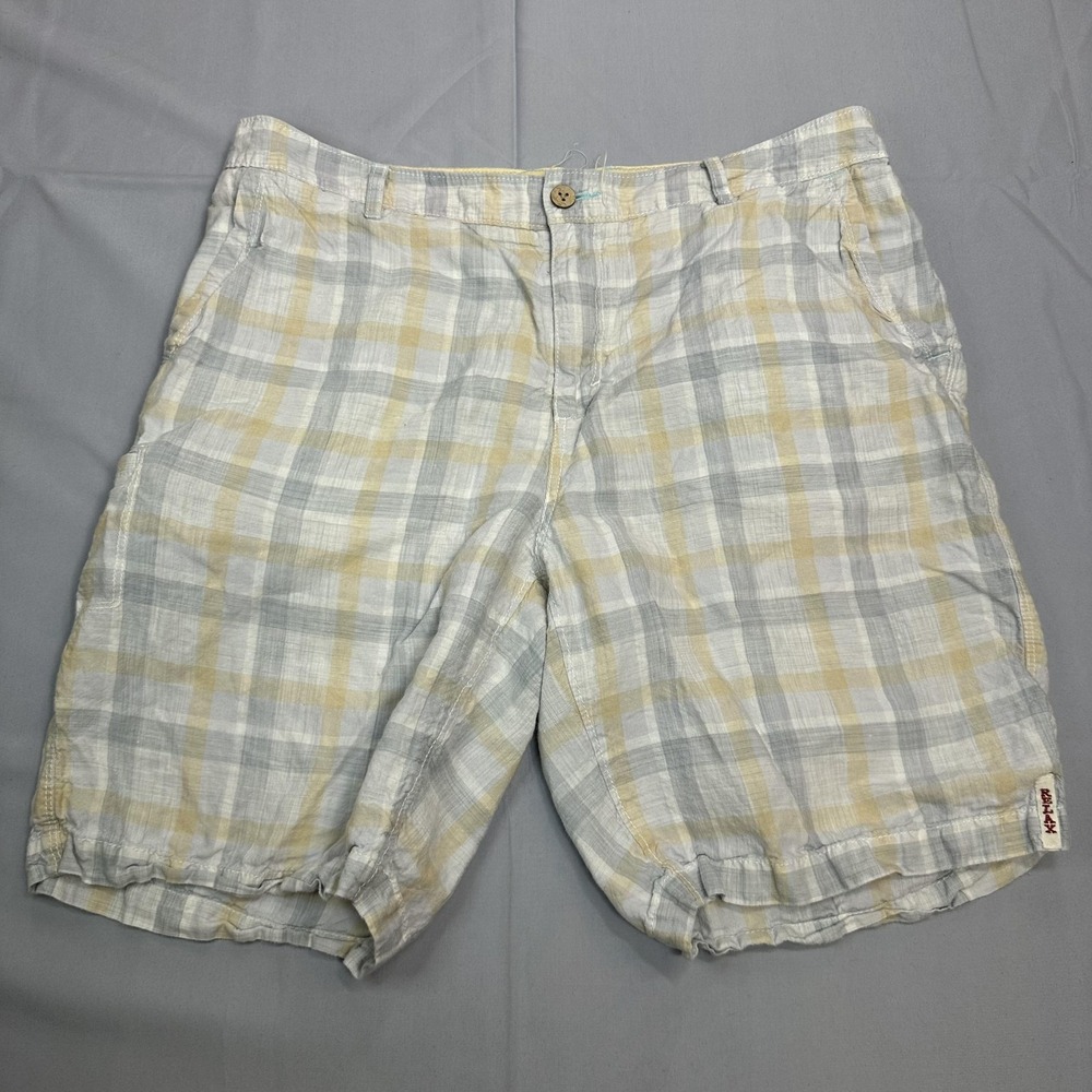 Tommy Bahama Relax Shorts Mens 36 Yellow Gray Plaid Linen Cargo Casual Summer